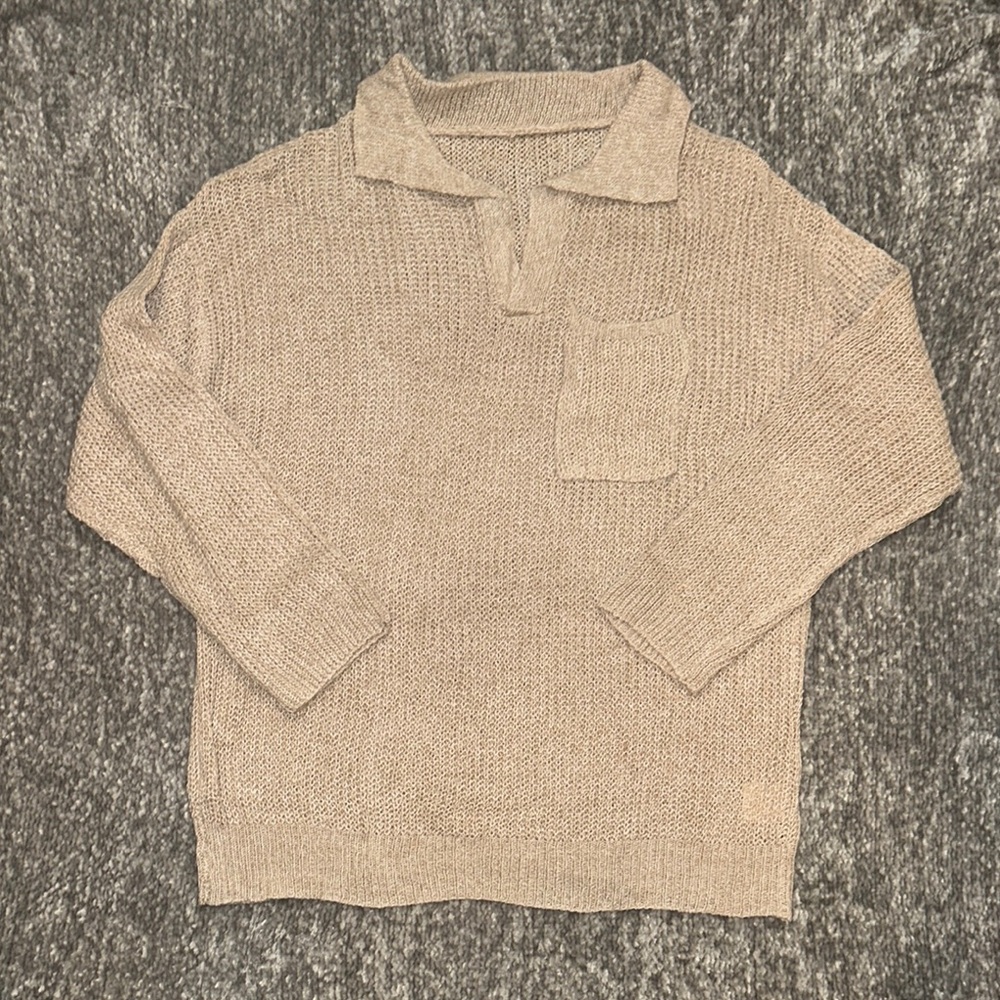 NWOT cream tan open knit collared v-neck pullover size M